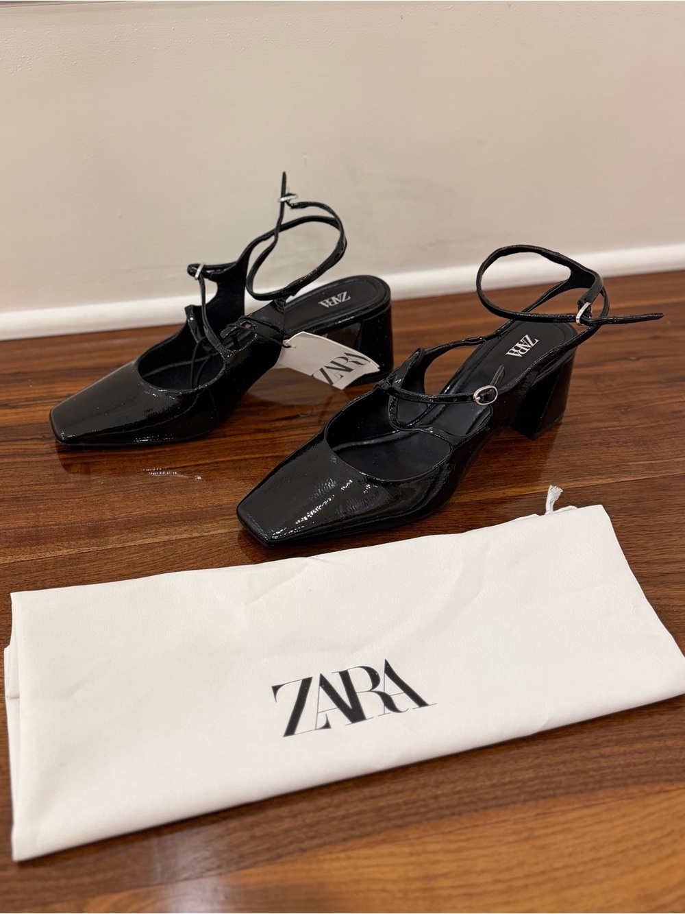 zara black patent strappy block heels